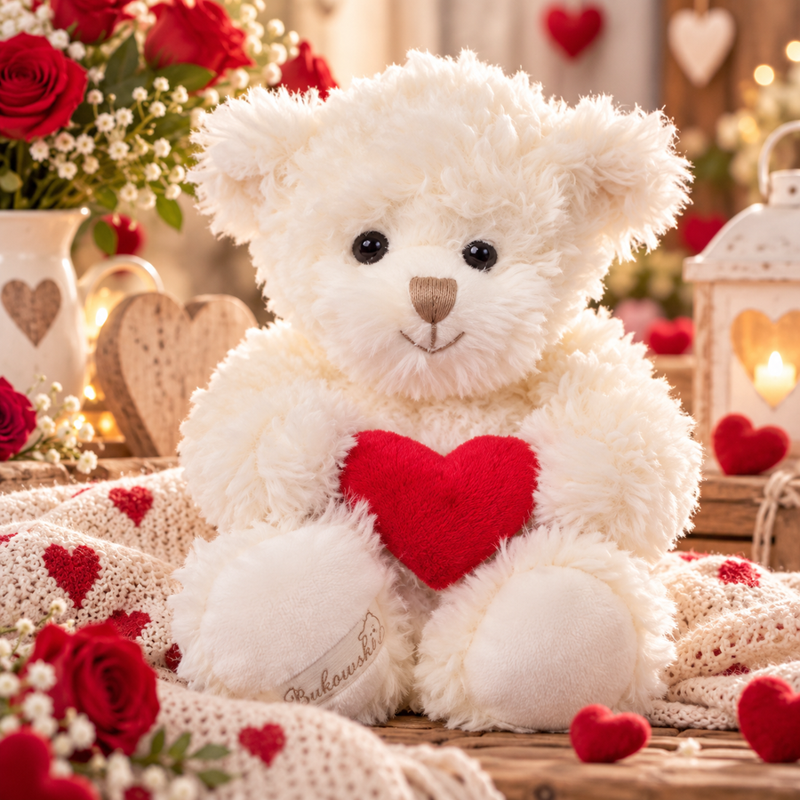 Peluche Bukowski Lovely Léonard – Ours Blanc 25 cm avec Cœur